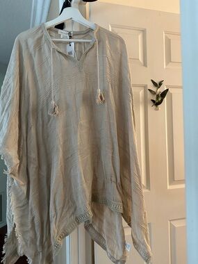 Lightweight Cream Poncho Tunic with Tassel Drawstrings